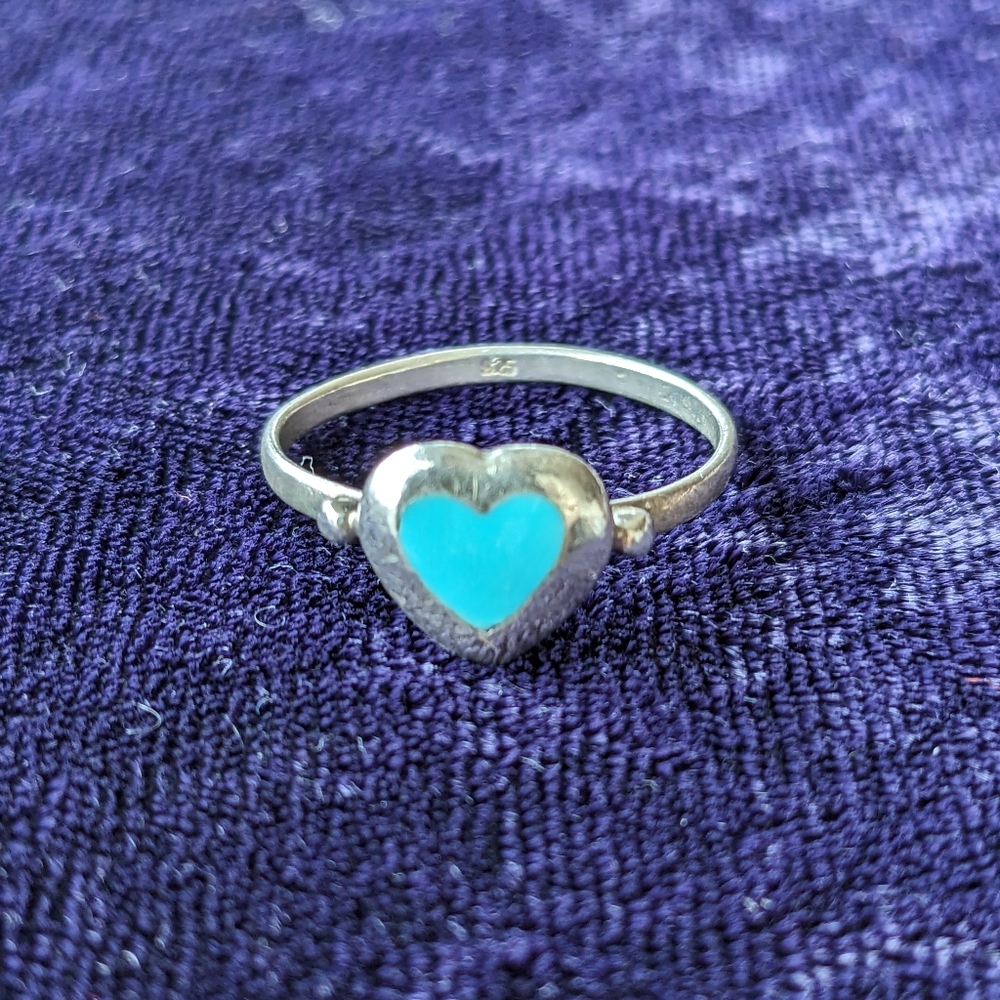 925 Sterling Silver Heart Ring With Tiffany / Turquoise Blue Enamel, Size 7.25